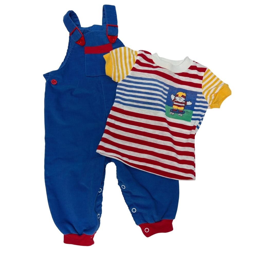 Buster Brown 12mo Overall Set Blue‎ Red Corduroy Vintage Striped Shirt